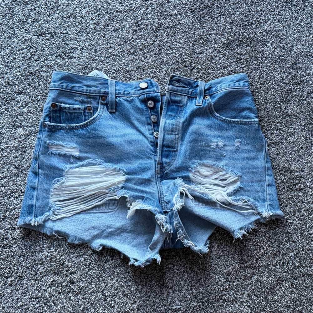 Levi's Light Blue Distressed Button-Fly Jean Shorts